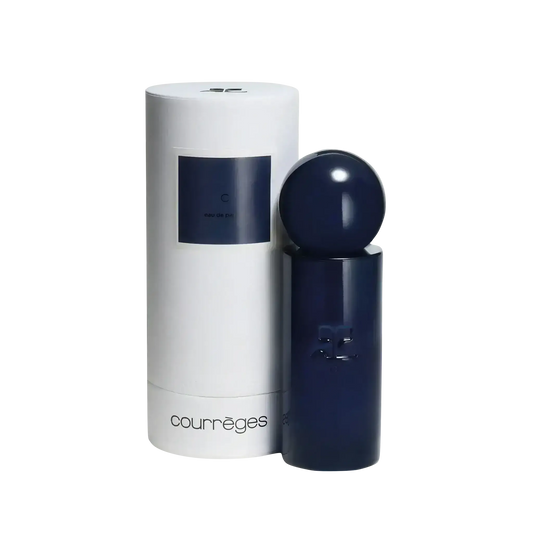 Parfum C de Courrèges en eau de parfum, lettre C courbée symbolisant élégance et universalité, collection ambretmusc