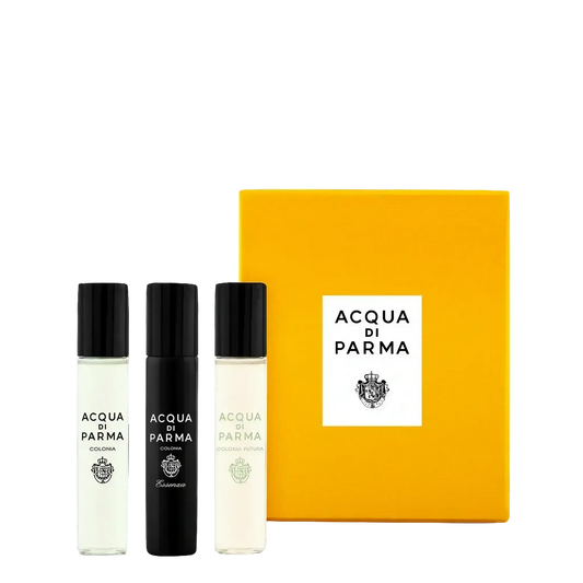 Coffret découverte Colonia d'Acqua di Parma, avec trois parfums emblématiques de 12 ml : Colonia, Essenza et Futura, ambretmusc