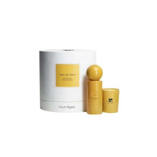Coffret Eau de Liesse Courrèges, avec eau de parfum 100 ml et bougie parfumée 75 g, collection ambretmusc