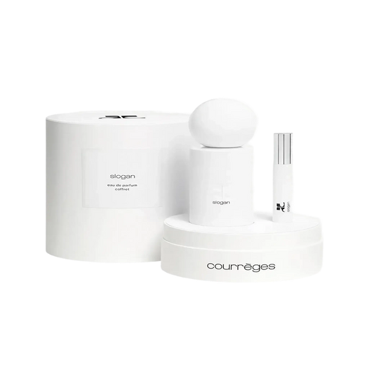Coffret Slogan de Courrèges, fragrance avec ambretmusc, notes de genièvre, muscs et ambrox, contenant eau de parfum 100 ml et vaporisateur 10 ml