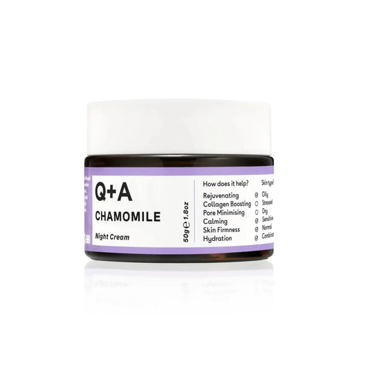 Crème de nuit à la camomille de Q+A ambretmusc pour le visage, soin hydratant et apaisant pour peaux fatiguées, stressées et sèches.