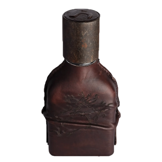 Parfum Cuoium d'Orto Parisi, fragrance puissante au cuir, encens, violette et mandarine avec ambretmusc, en flacon avec bouchon en cuir.