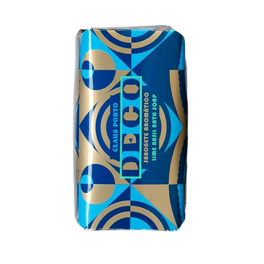 Savon solide Deco Encens Eucalyptus de Claus Porto, parfum vivifiant d'eucalyptus et pin avec ambretmusc, emballage Art Déco bleu et or