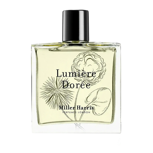 Flacon de parfum Lumière Dorée, eau de parfum Miller Harris collection ambretmusc, fragrance fraîche au néroli enivrante