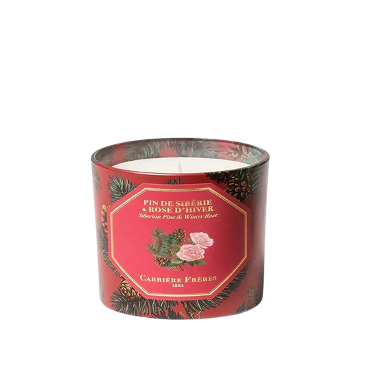 Bougie parfumée Pin de Sibérie et Rose d'Hiver de Carrière Frères, collection ambretmusc, association noble de pin et rose.