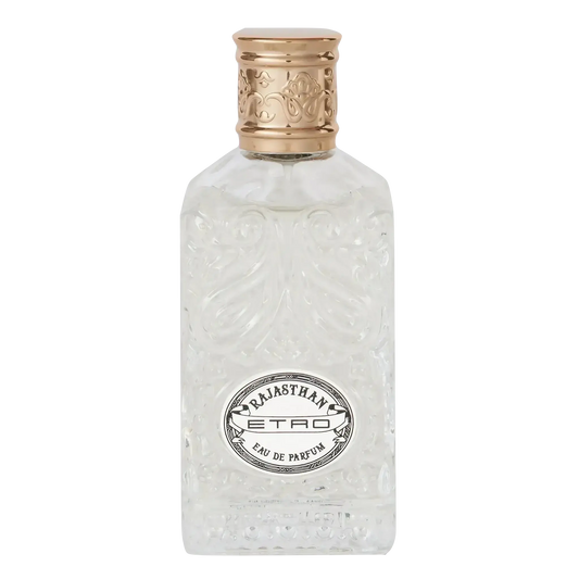 Flacon de parfum Rajasthan par Etro, collection ambretmusc, évoquant une féminité nomade et la magie de l'Inde avec des perles colorées comme des pierres précieuses