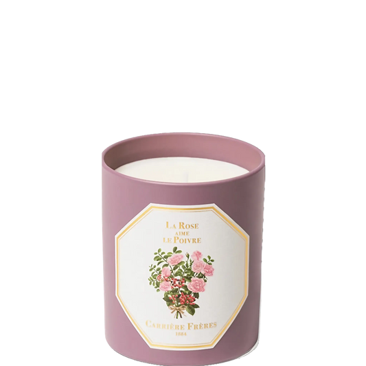 Bougie parfumée La Rose Aime Le Poivre de Carrière Frères, fragrance rose de Damas et poivre épicé ambretmusc