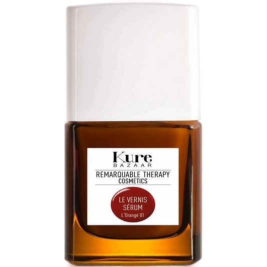 Vernis sérum L'Orangé 01 de Kure Bazaar, orangé cuir brun avec pointe de rouge pour ongles abîmés, collection ambretmusc.