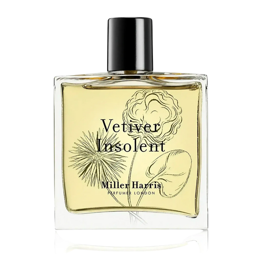 Eau de parfum Vétiver Insolent de Miller Harris dans la collection ambretmusc, évoquant la fraîcheur des racines de vétiver