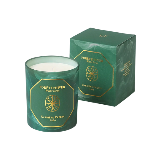Bougie parfumée Forêt d'Hiver de Carrière Frères, vegan fabriquée en France, notes boisées avec ambretmusc