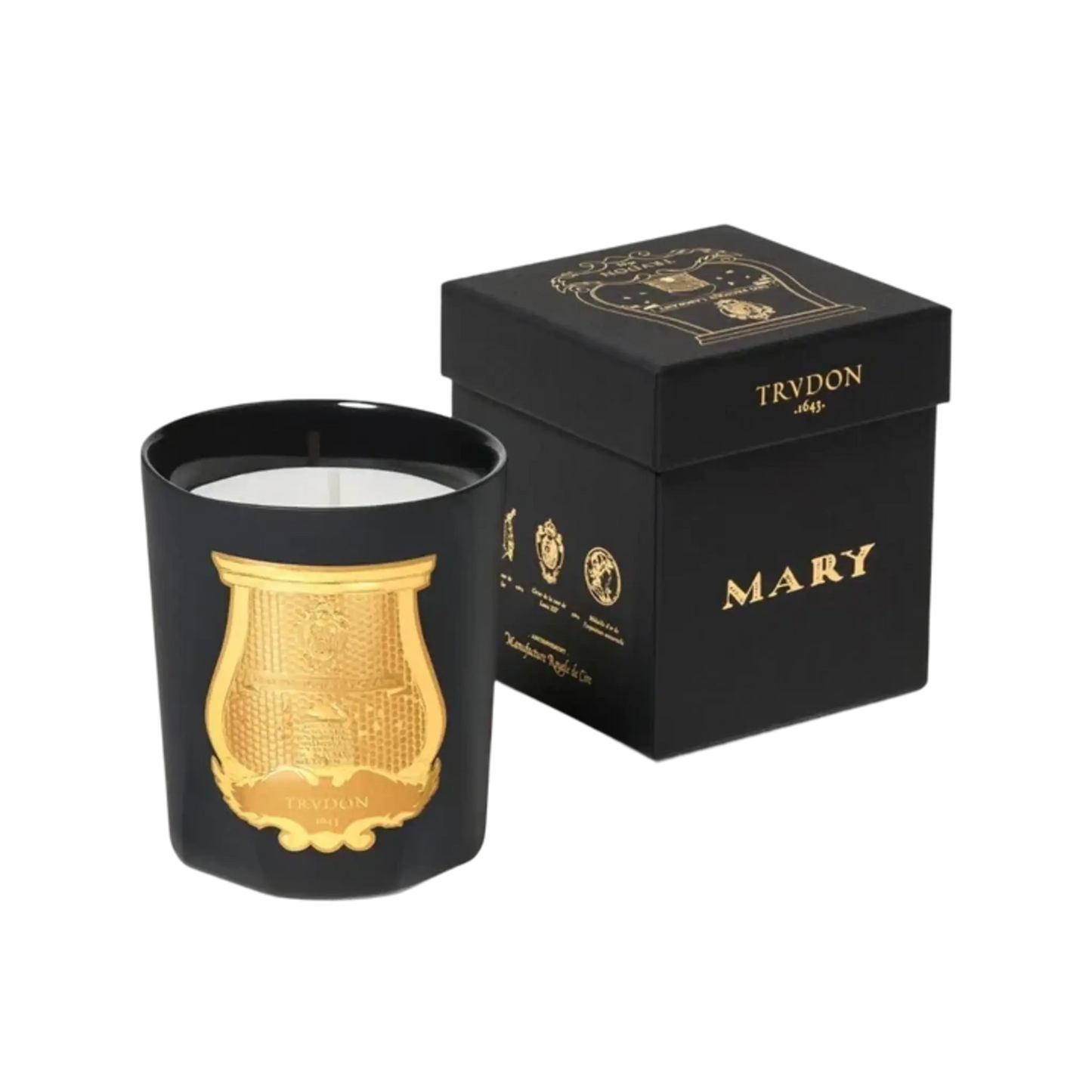 Bougie parfumée Mary de Trudon, édition limitée en verre noir mat avec illustration gothique, collection ambretmusc
