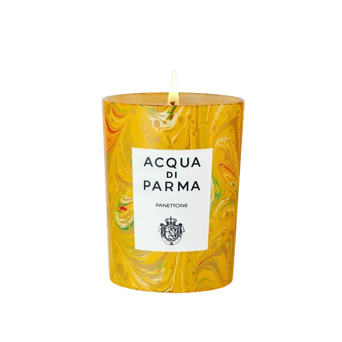 Bougie parfumée Panettone de Acqua di Parma, collection Noël, avec ambretmusc et motifs tourbillons ensoleillés