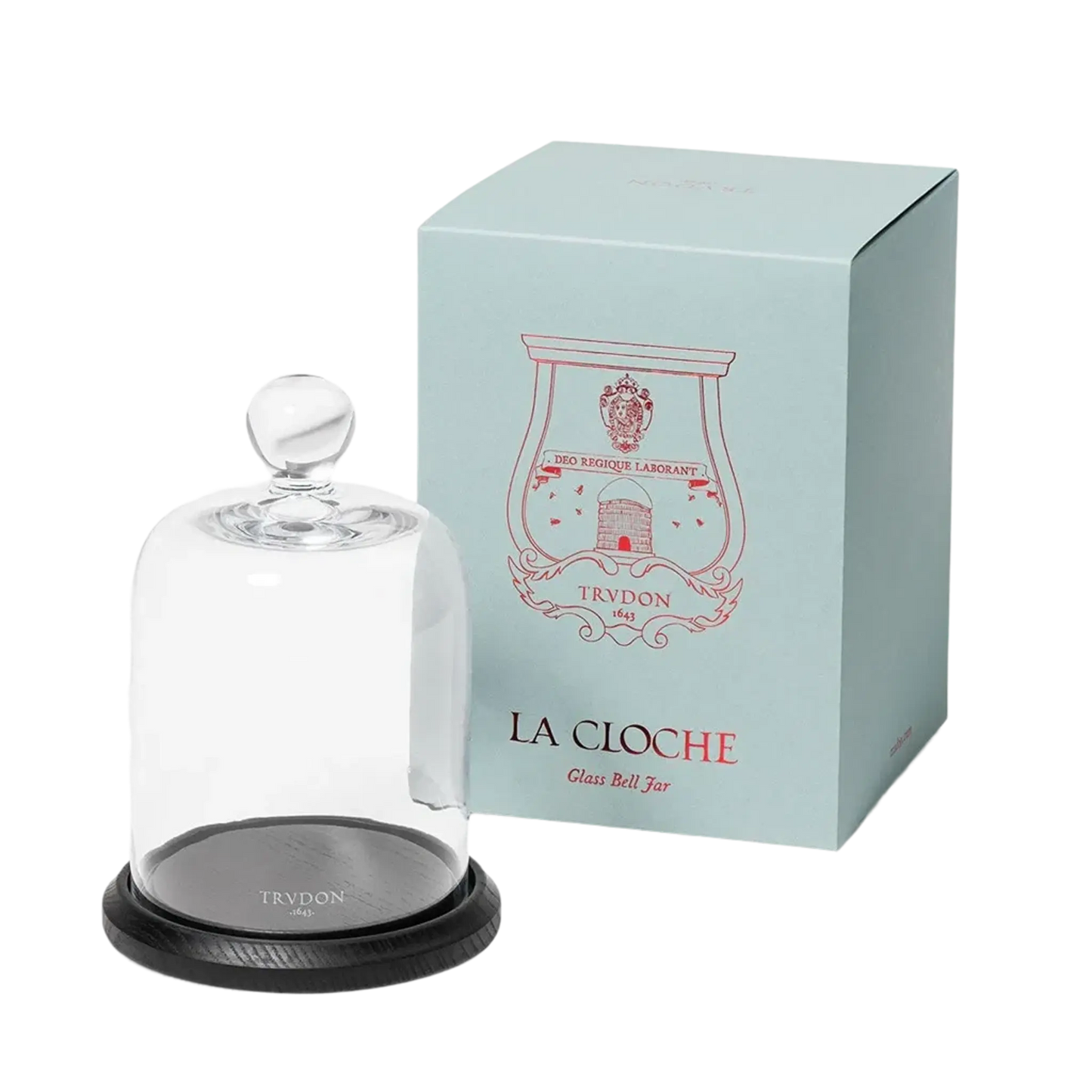 Cloche en verre soufflé pour bougies Trudon, avec logo et socle en bois, ambretmusc