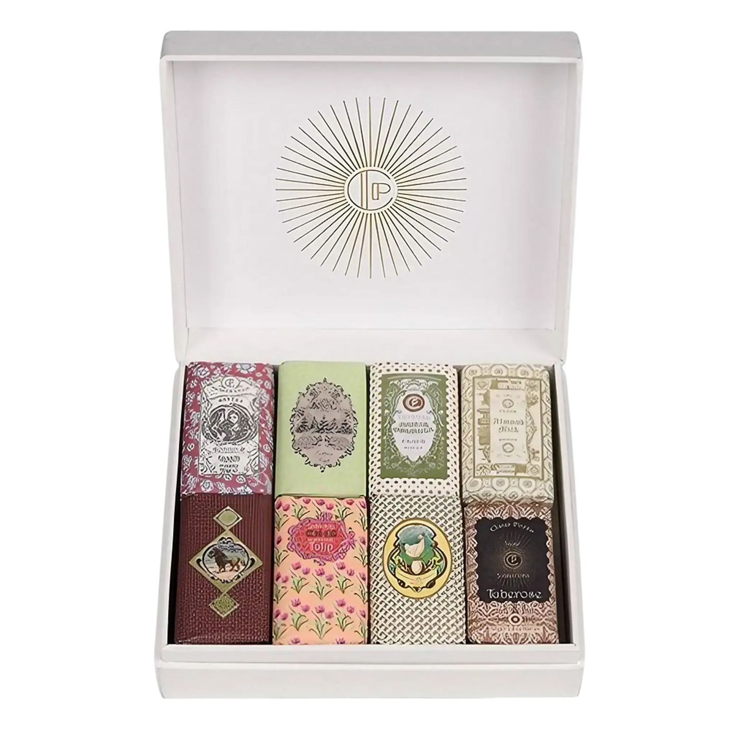 Coffret cadeau de 8 mini-savons Claus Porto ambretmusc, fragrances variées et emballages inspirés des archives de 1887, 50 g chacun
