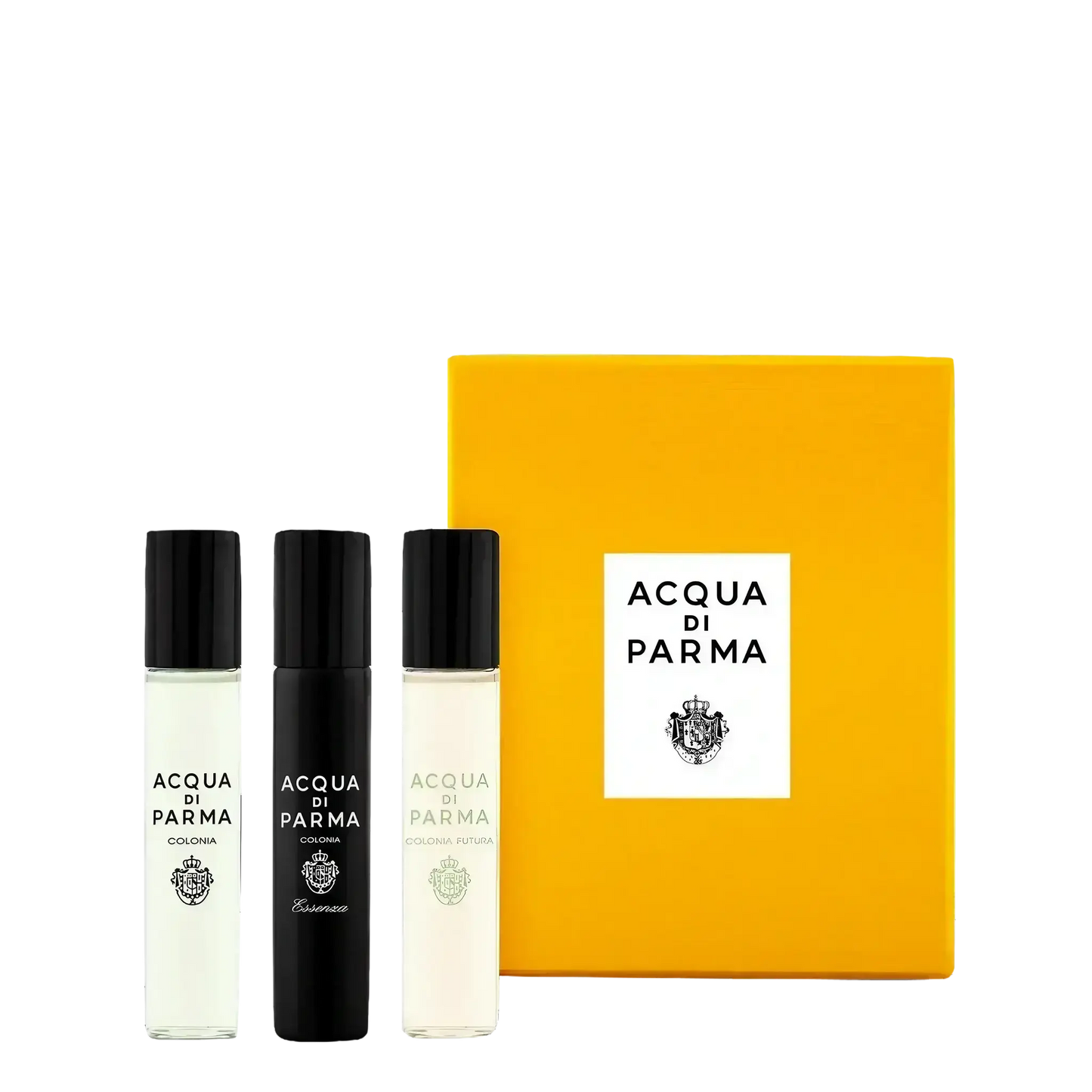 Coffret découverte Colonia d'Acqua di Parma, avec trois parfums emblématiques de 12 ml : Colonia, Essenza et Futura, ambretmusc