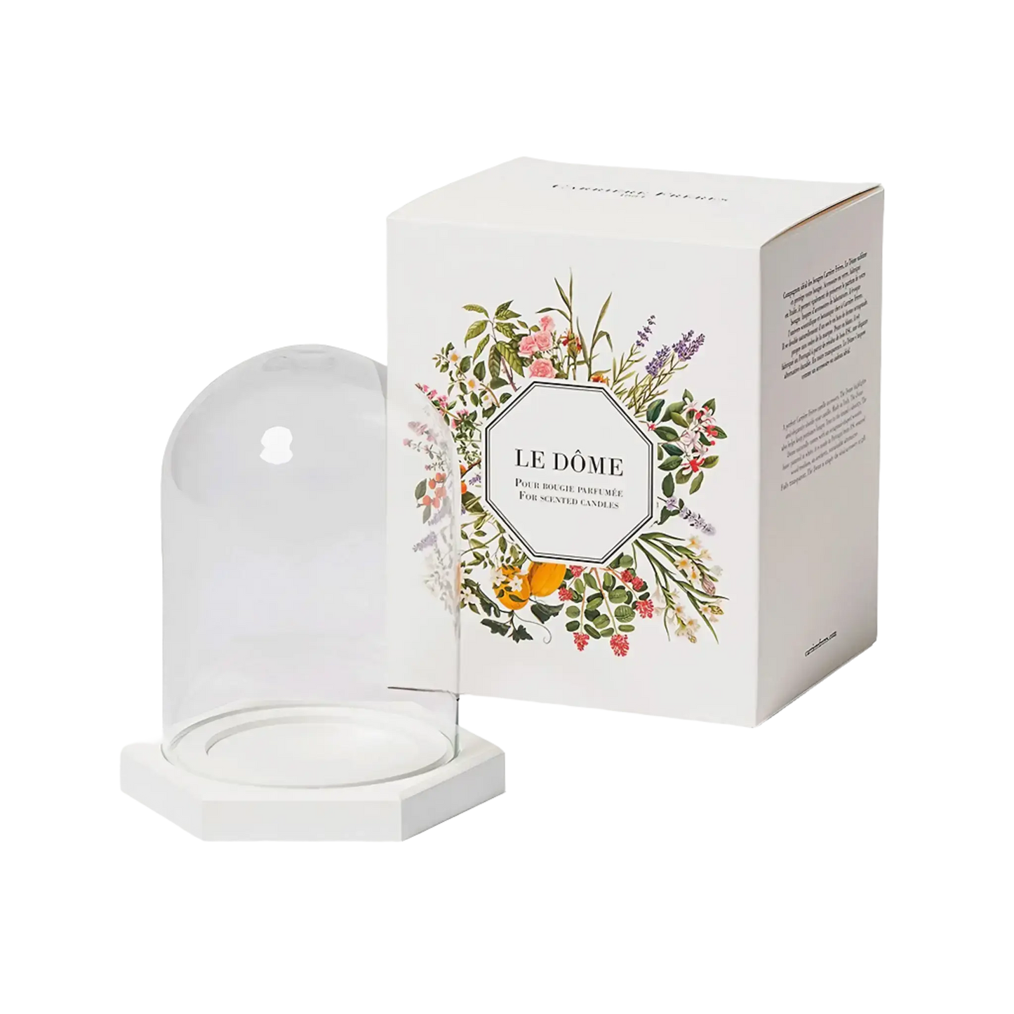 Cloche en verre Le Dôme pour protéger bougies parfumées Carrière Frères, socle bois octogonal blanc, ambretmusc