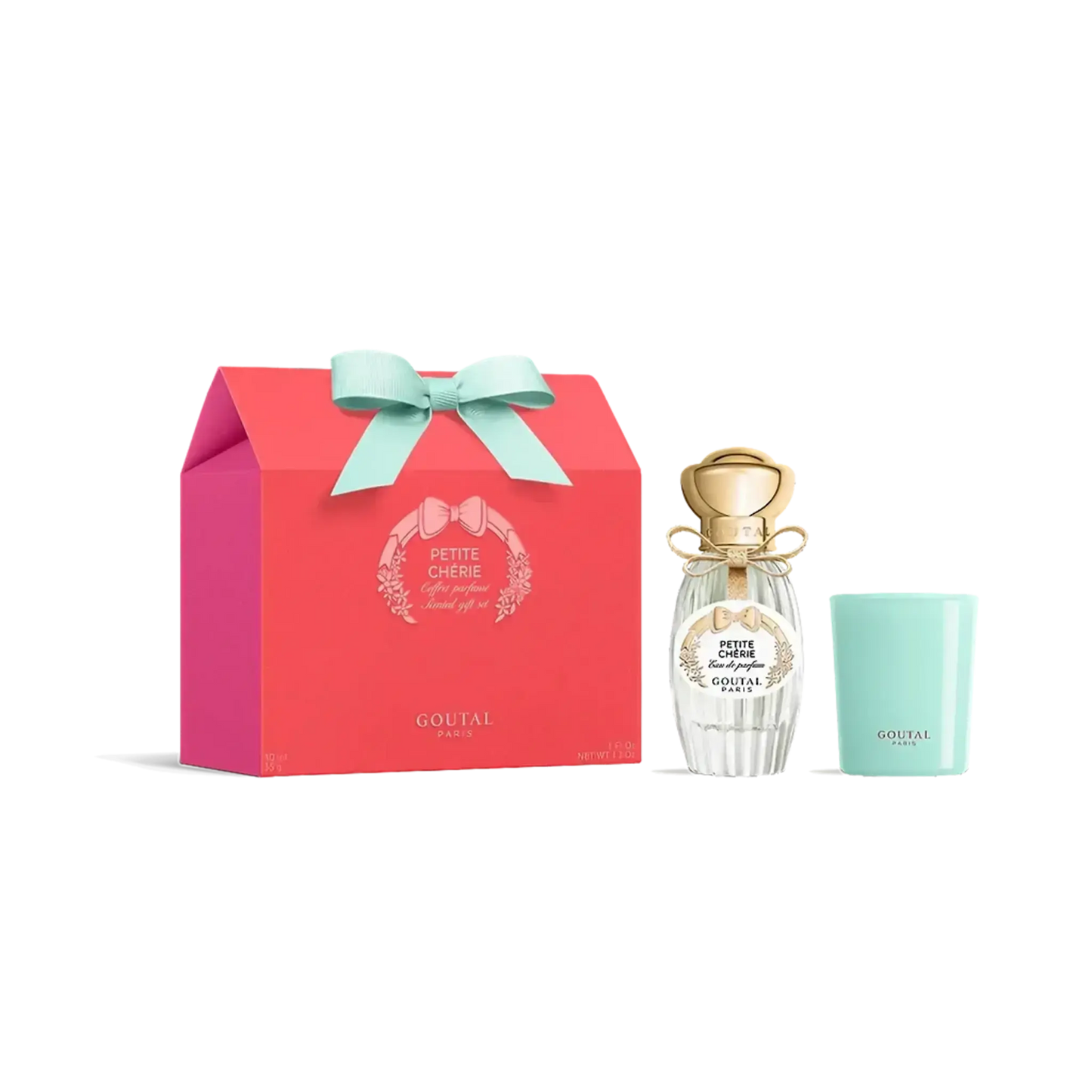 Coffret parfumé Petit Chérie d'Annick Goutal incluant eau de parfum et bougie avec ambretmusc, notes florales et fruitées.