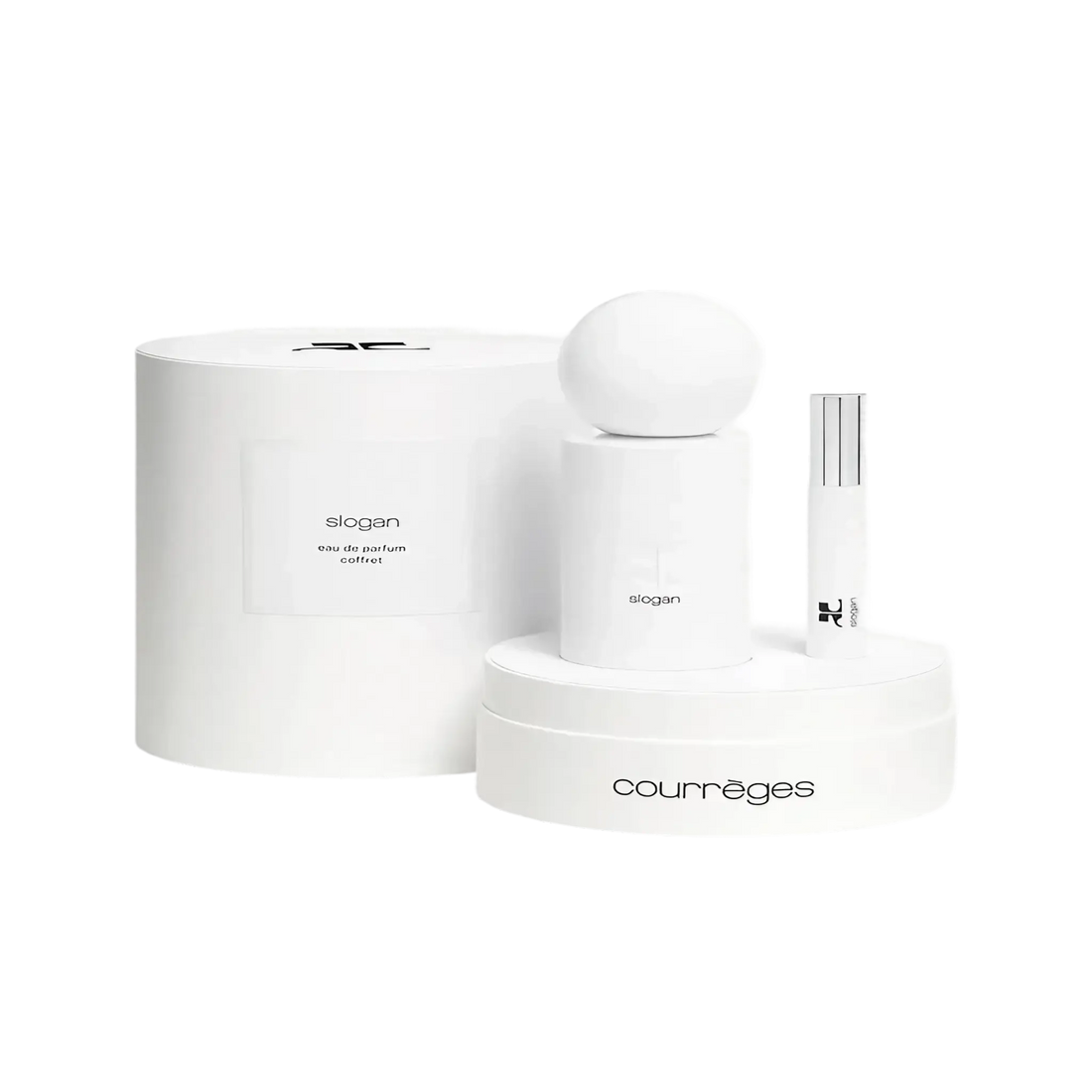 Coffret Slogan de Courrèges, fragrance avec ambretmusc, notes de genièvre, muscs et ambrox, contenant eau de parfum 100 ml et vaporisateur 10 ml