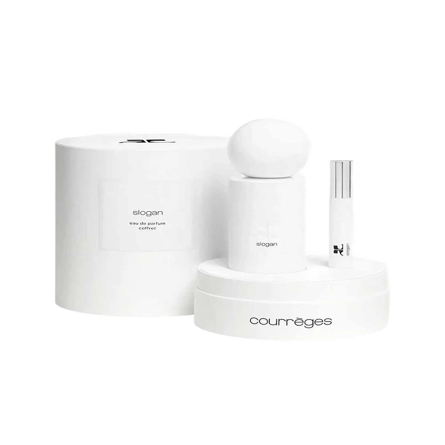 Coffret Slogan de Courrèges, fragrance avec ambretmusc, notes de genièvre, muscs et ambrox, contenant eau de parfum 100 ml et vaporisateur 10 ml
