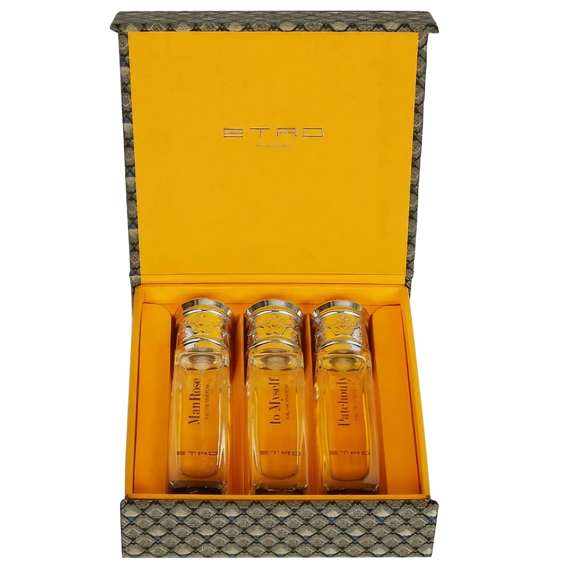Coffret de trois parfums Etro Manrose, Io Myself et Patchouly aux notes de bergamote, rose et musc ambretmusc