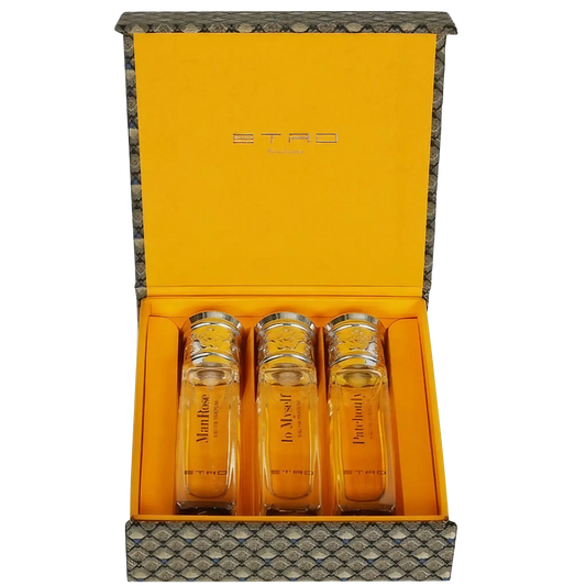 Coffret de trois parfums Etro Manrose, Io Myself et Patchouly aux notes de bergamote, rose et musc ambretmusc
