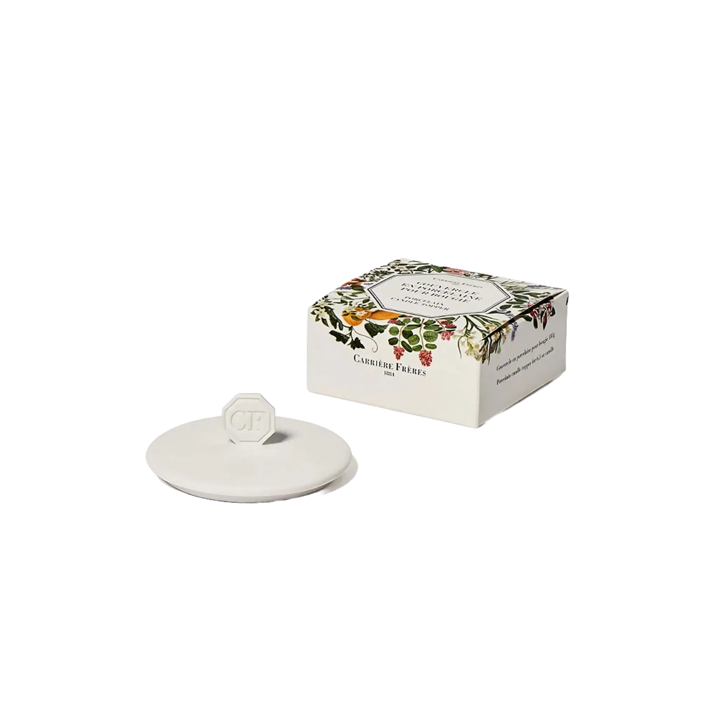Couvercle en porcelaine blanche pour bougies parfumées Carrière Frères ambretmusc, protège la cire et sublime l'apparence de l'objet