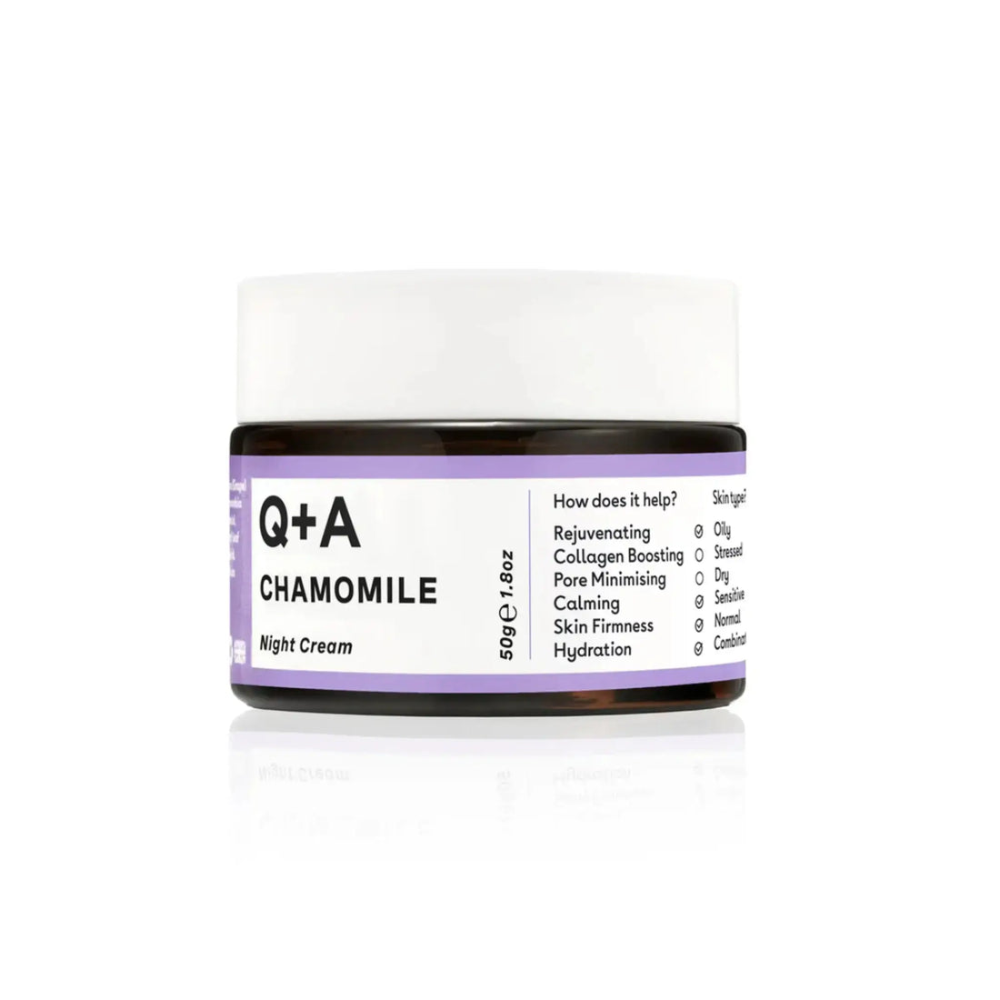 Crème de nuit à la camomille de Q+A ambretmusc pour le visage, soin hydratant et apaisant pour peaux fatiguées, stressées et sèches.