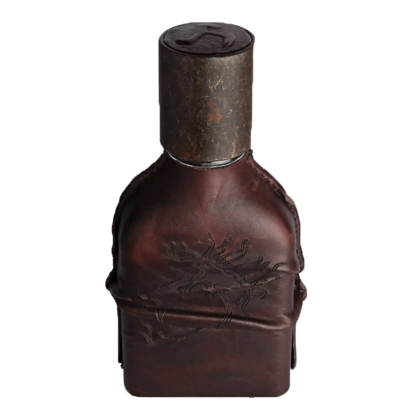 Parfum Cuoium d'Orto Parisi, fragrance puissante au cuir, encens, violette et mandarine avec ambretmusc, en flacon avec bouchon en cuir.