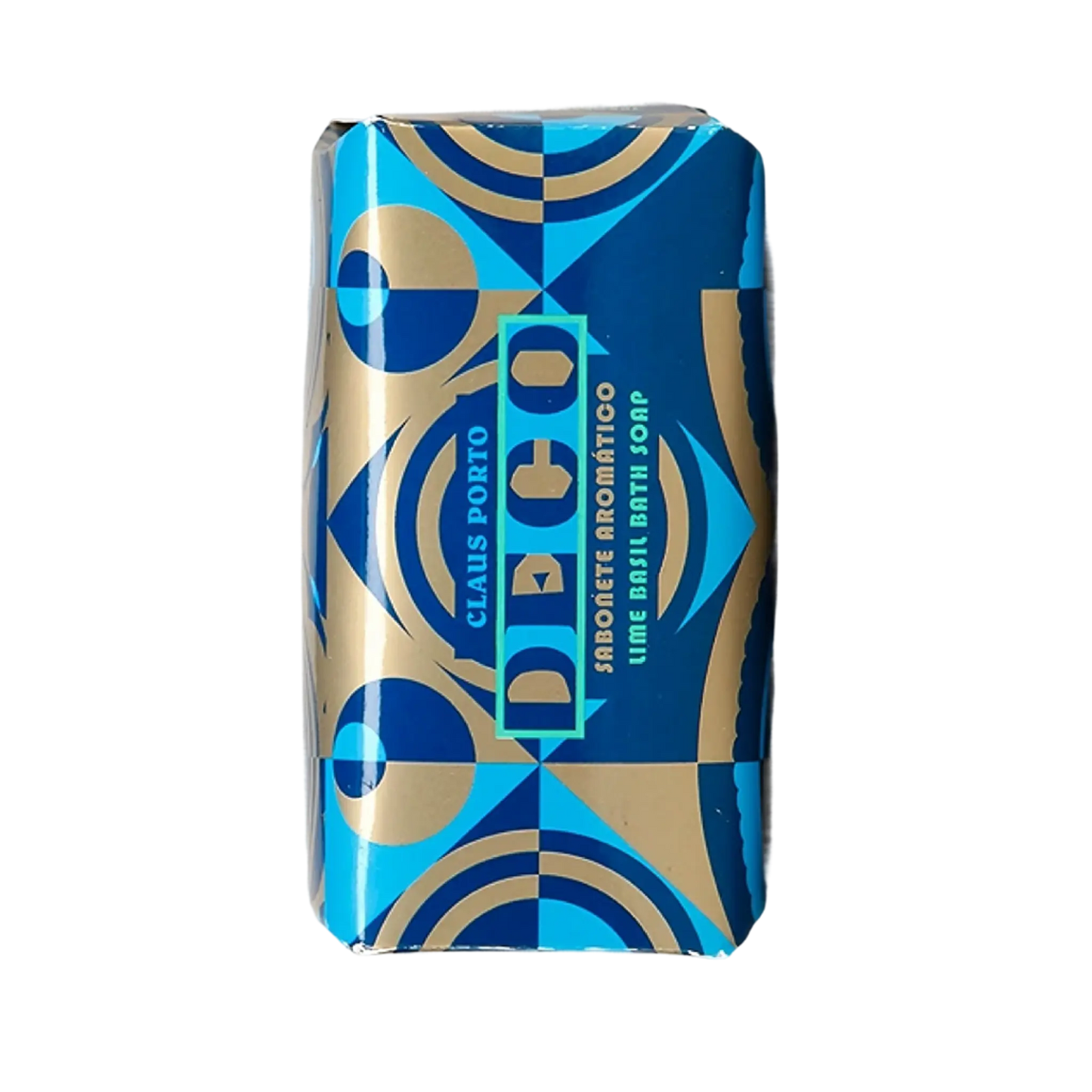 Savon solide Deco Encens Eucalyptus de Claus Porto, parfum vivifiant d'eucalyptus et pin avec ambretmusc, emballage Art Déco bleu et or