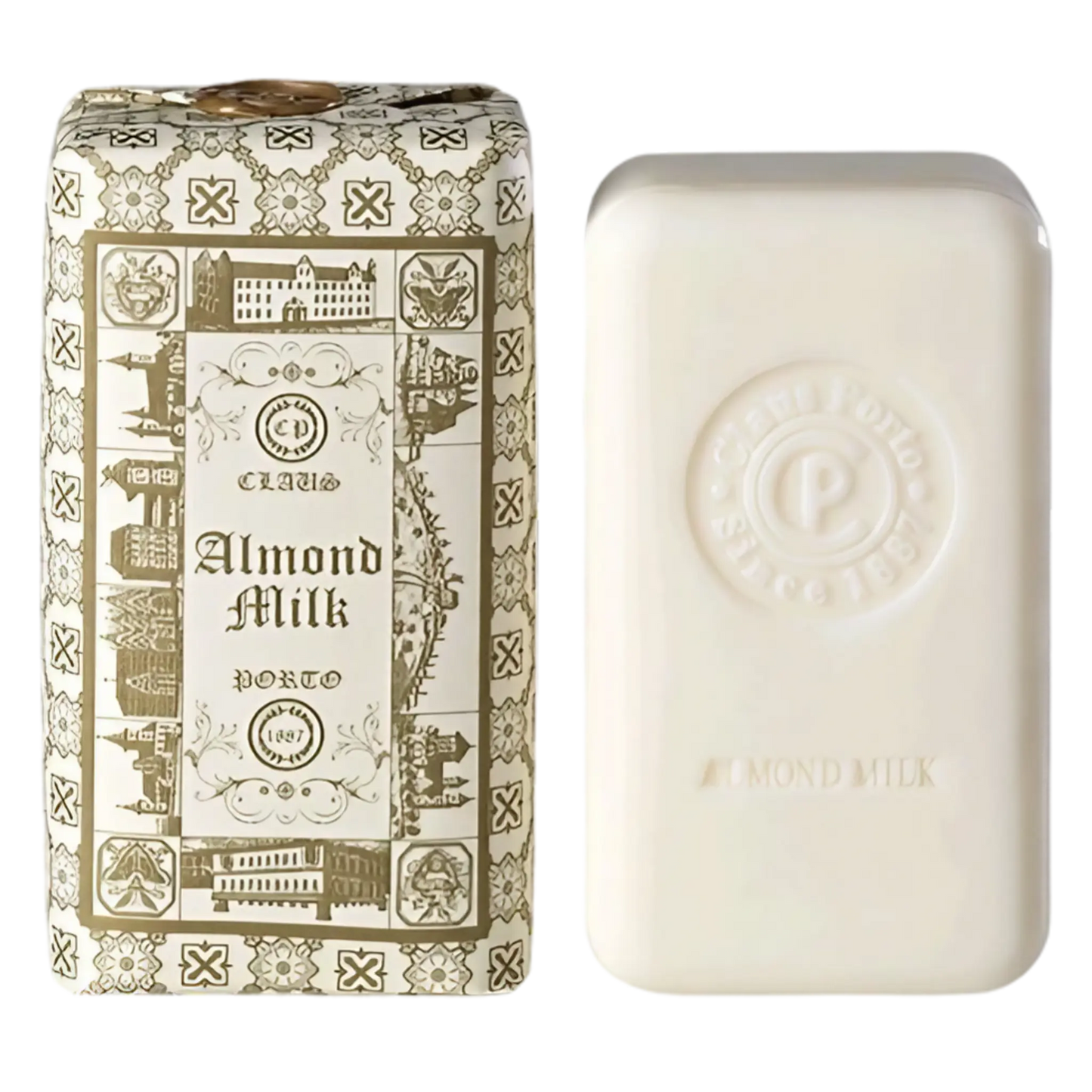 Savon solide Double Almond Milk de Claus Porto avec ambretmusc, riche en huile de pistache pour nettoyer et hydrater la peau en douceur
