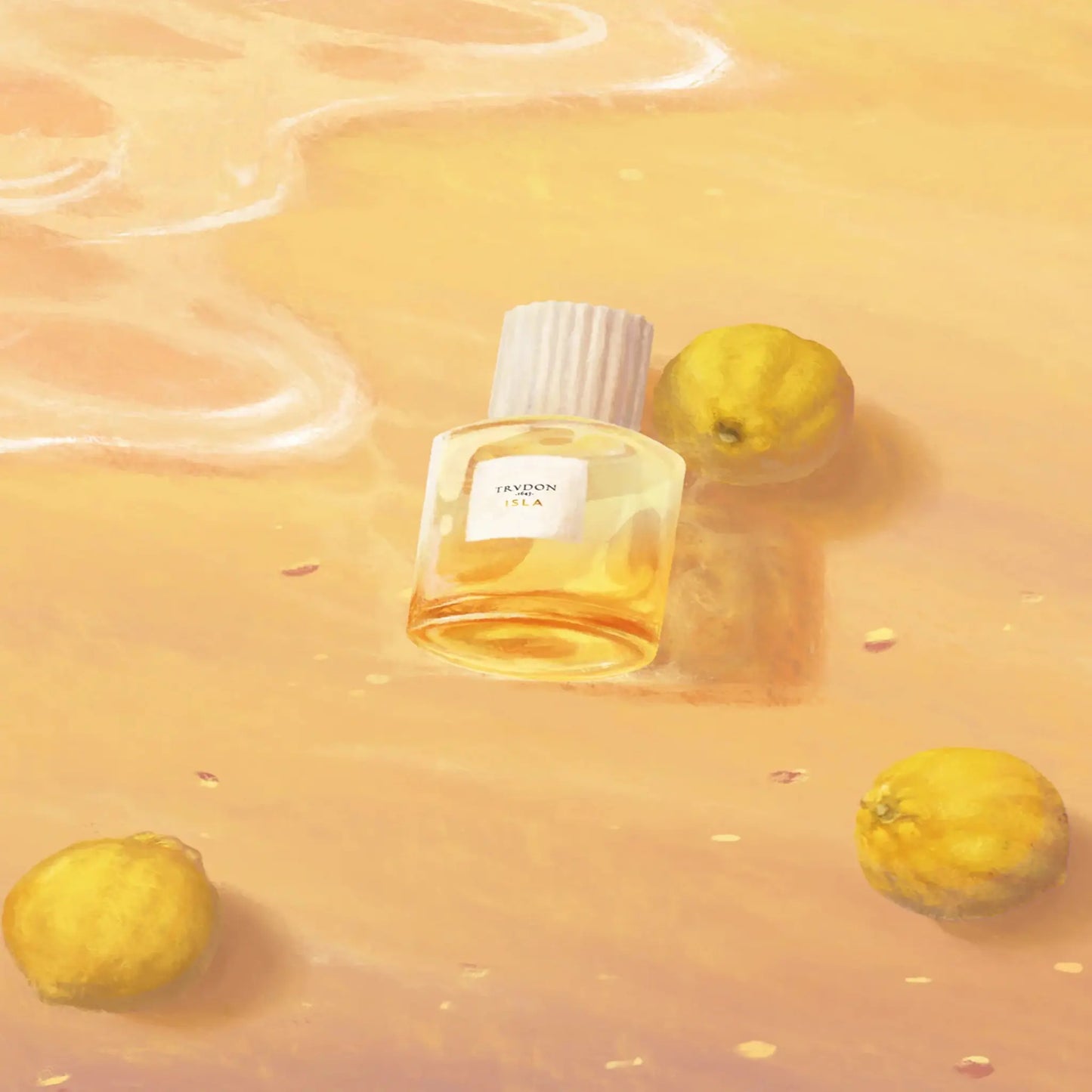 Eau de parfum Isla de Trudon avec accord hespéridé de bergamote, flacon dégradé jaune-soleil, ambretmusc