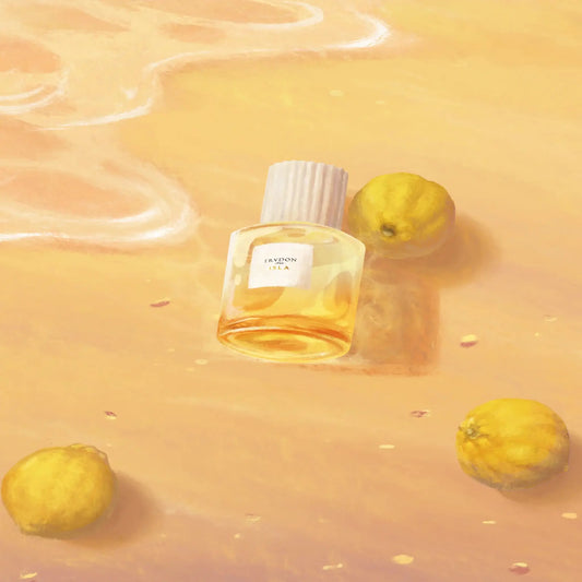Eau de parfum Isla de Trudon avec accord hespéridé de bergamote, flacon dégradé jaune-soleil, ambretmusc