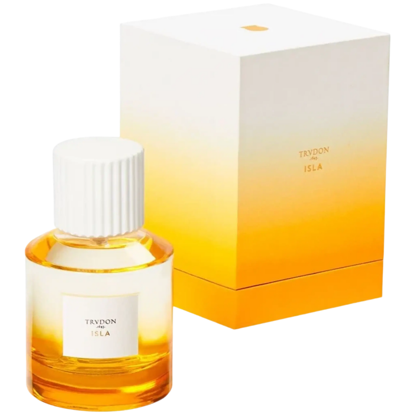 Flacon d'eau de parfum Isla de Trudon avec ambretmusc, notes vives de bergamote hespéridée, dégradé jaune-soleil et blanc satin mat