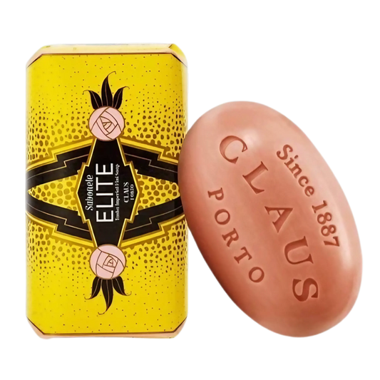 Savon solide Elite Tonka Imperial de Claus Porto avec ambretmusc, formule soyeuse à l'huile de karité pour nettoyage doux et peau veloutée.