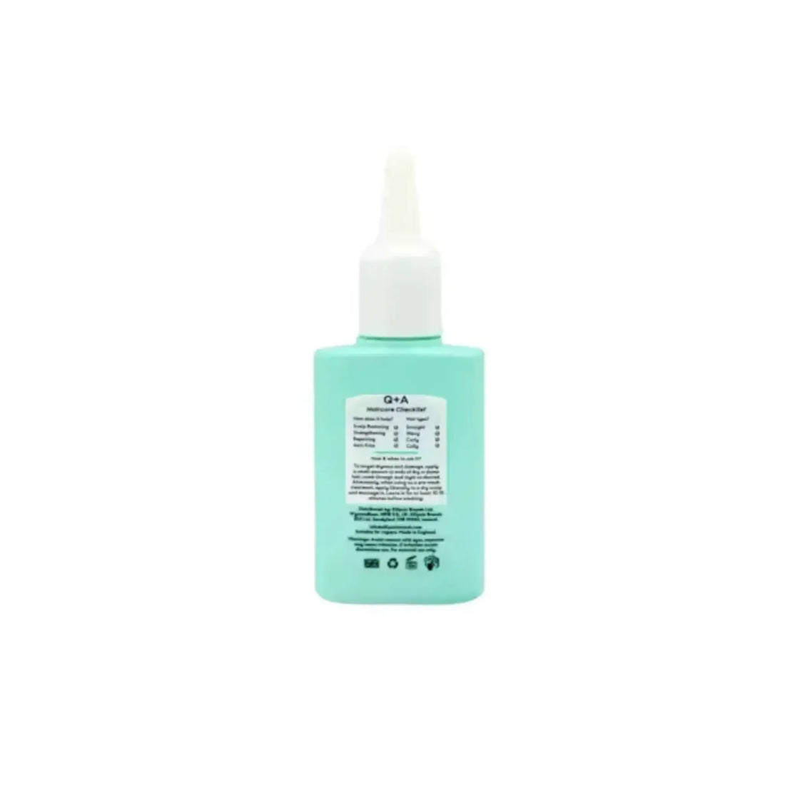 Huile nourrissante pour le cuir chevelu et les cheveux de la marque Q+A, enrichie en peptides et ambretmusc pour hydratation et volume.