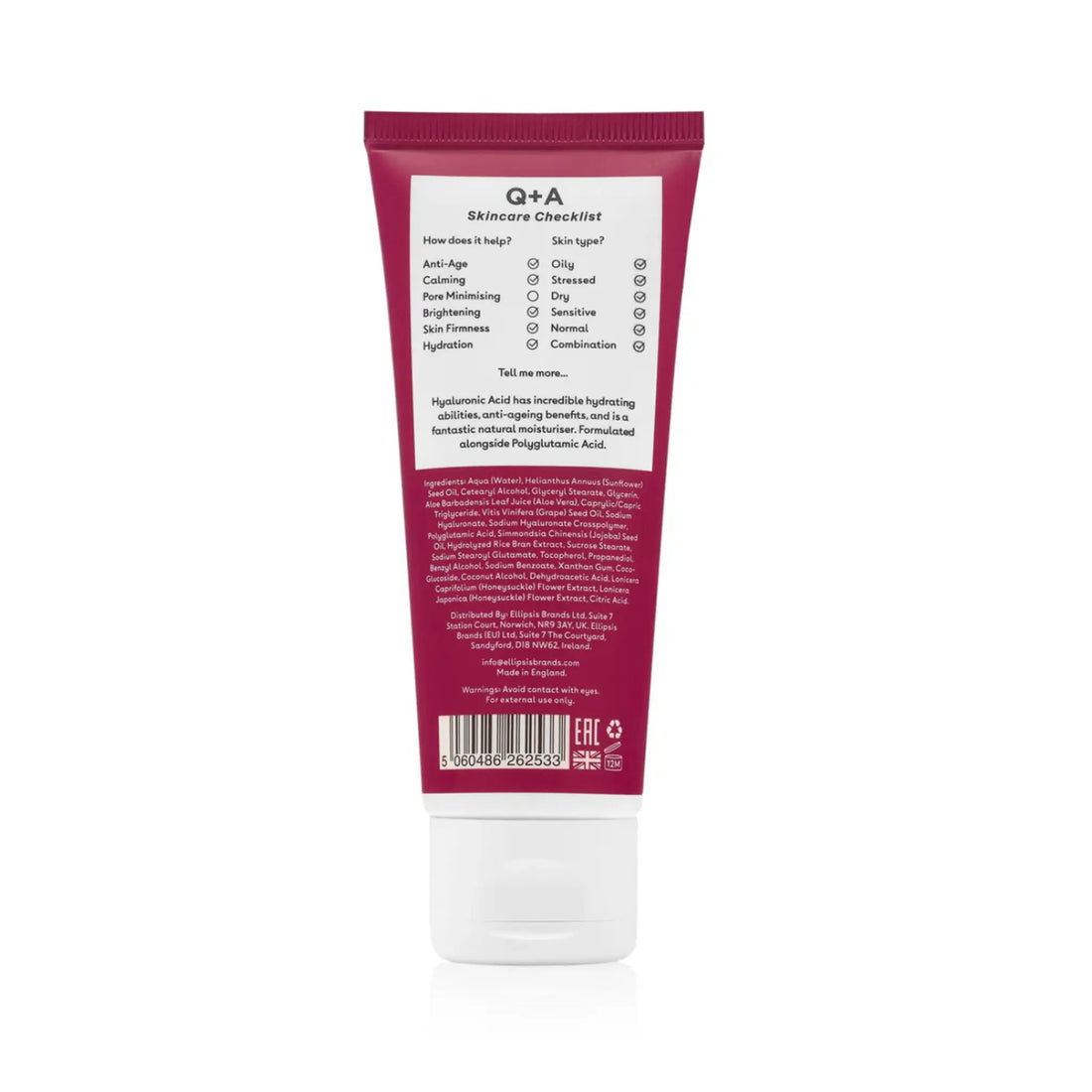 Crème hydratante quotidienne à l'acide hyaluronique pour le visage de Q+A ambretmusc