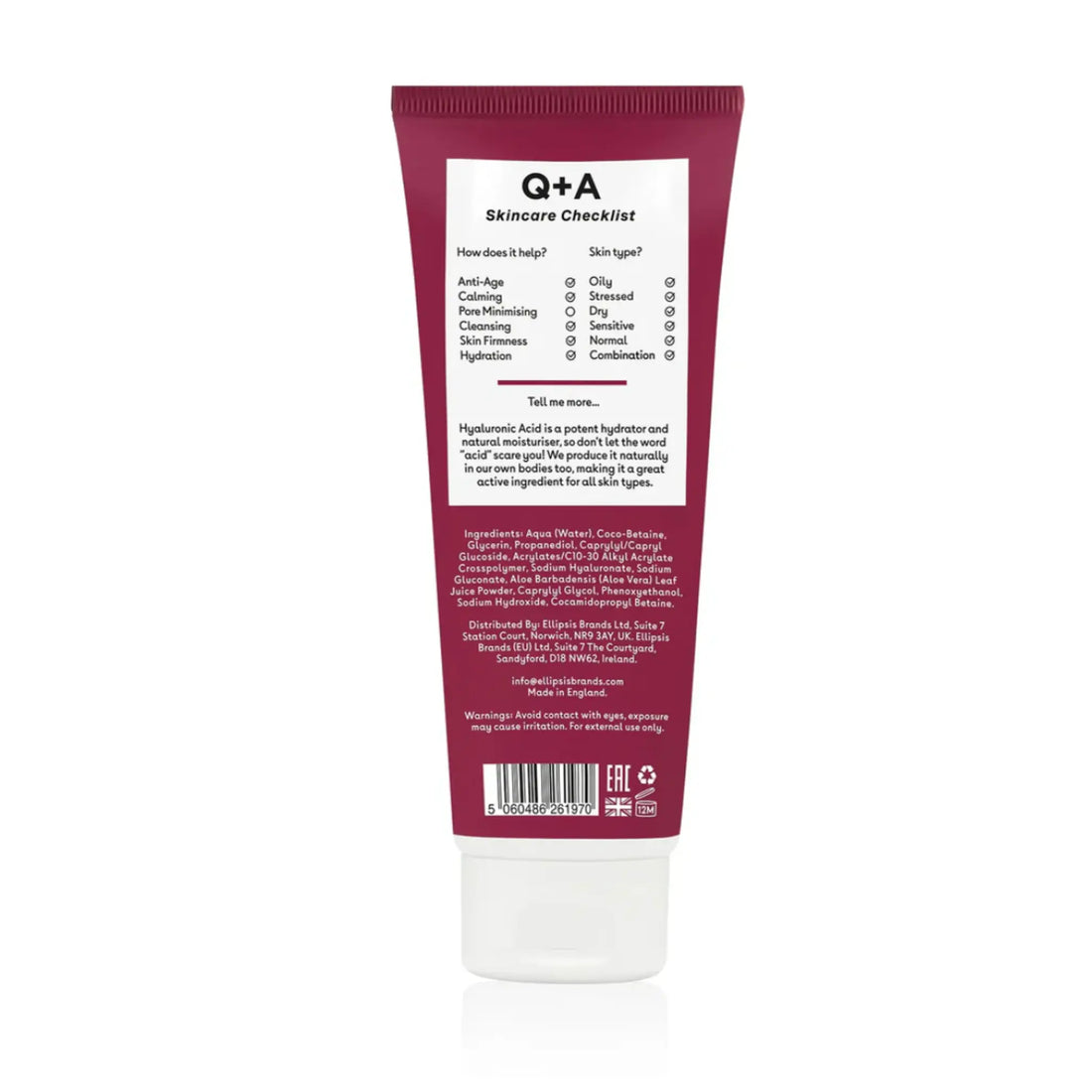 Nettoyant visage hydratant à l'acide hyaluronique de Q+A pour une peau douce et hydratée, collection ambretmusc