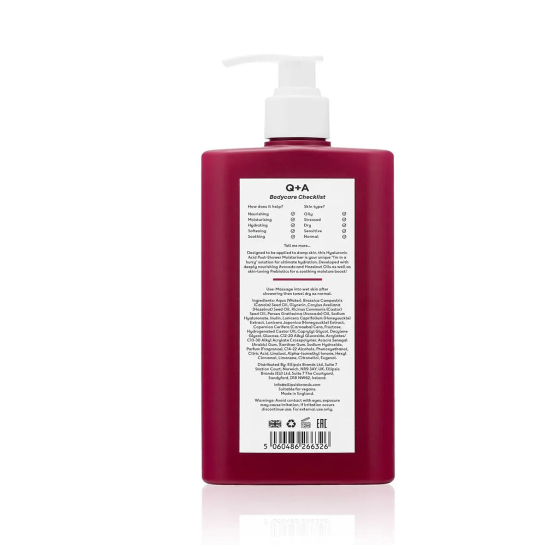 Hydratant post-douche à l'acide hyaluronique pour lotions du corps Q+A avec ambretmusc