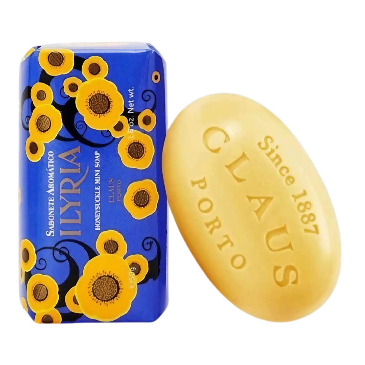 Savon solide Ilyria Honeysuckle de Claus Porto avec parfum chèvrefeuille et citron, enrichi en huile de karité et ambretmusc pour une peau douce