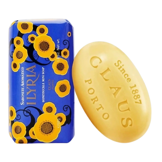 Savon solide Ilyria Honeysuckle de Claus Porto avec parfum chèvrefeuille et citron, enrichi en huile de karité et ambretmusc pour une peau douce