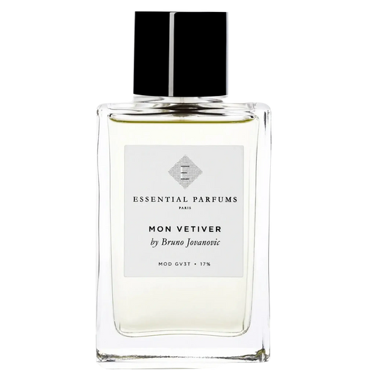Eau de parfum Mon Vetiver d'Essential Parfums intégrant ambretmusc et vétiver haïtien naturel pour une fragrance élégante.