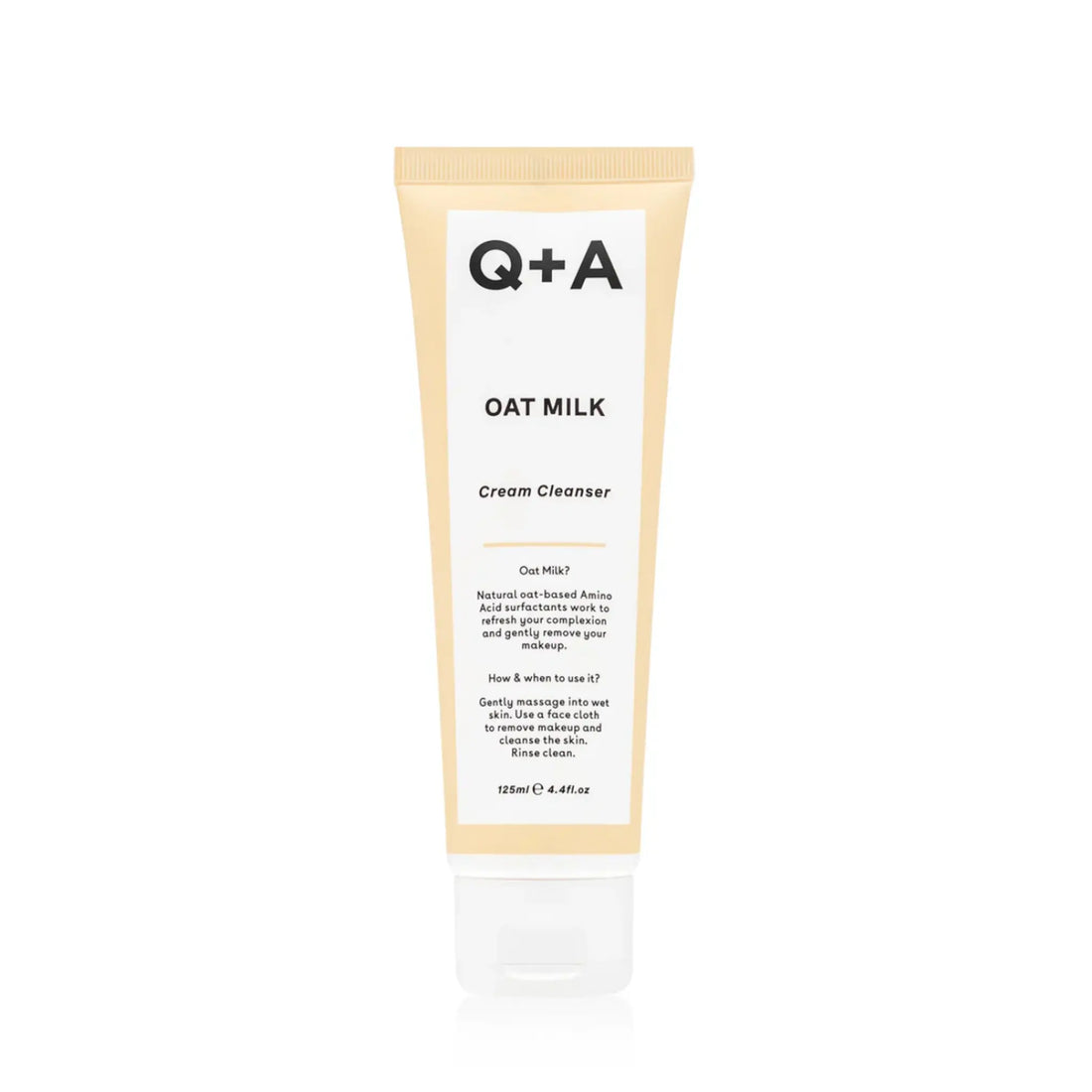 Nettoyant crème au lait d'avoine pour le visage de la marque Q+A avec ambretmusc, doux et hydratant pour une peau apaisée.