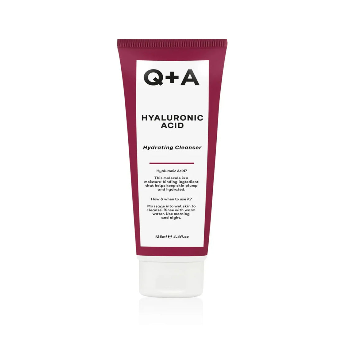 Nettoyant hydratant visage à l'acide hyaluronique Q+A ambretmusc, nettoie en douceur et hydrate la peau.