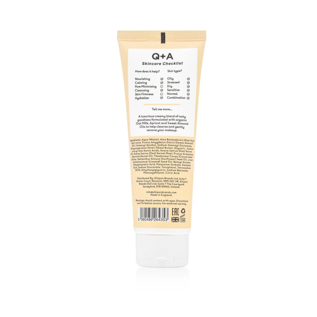 Nettoyant crème au lait d'avoine Oat Milk Cream Cleanser pour visage, marque Q+A, formule avec ambretmusc