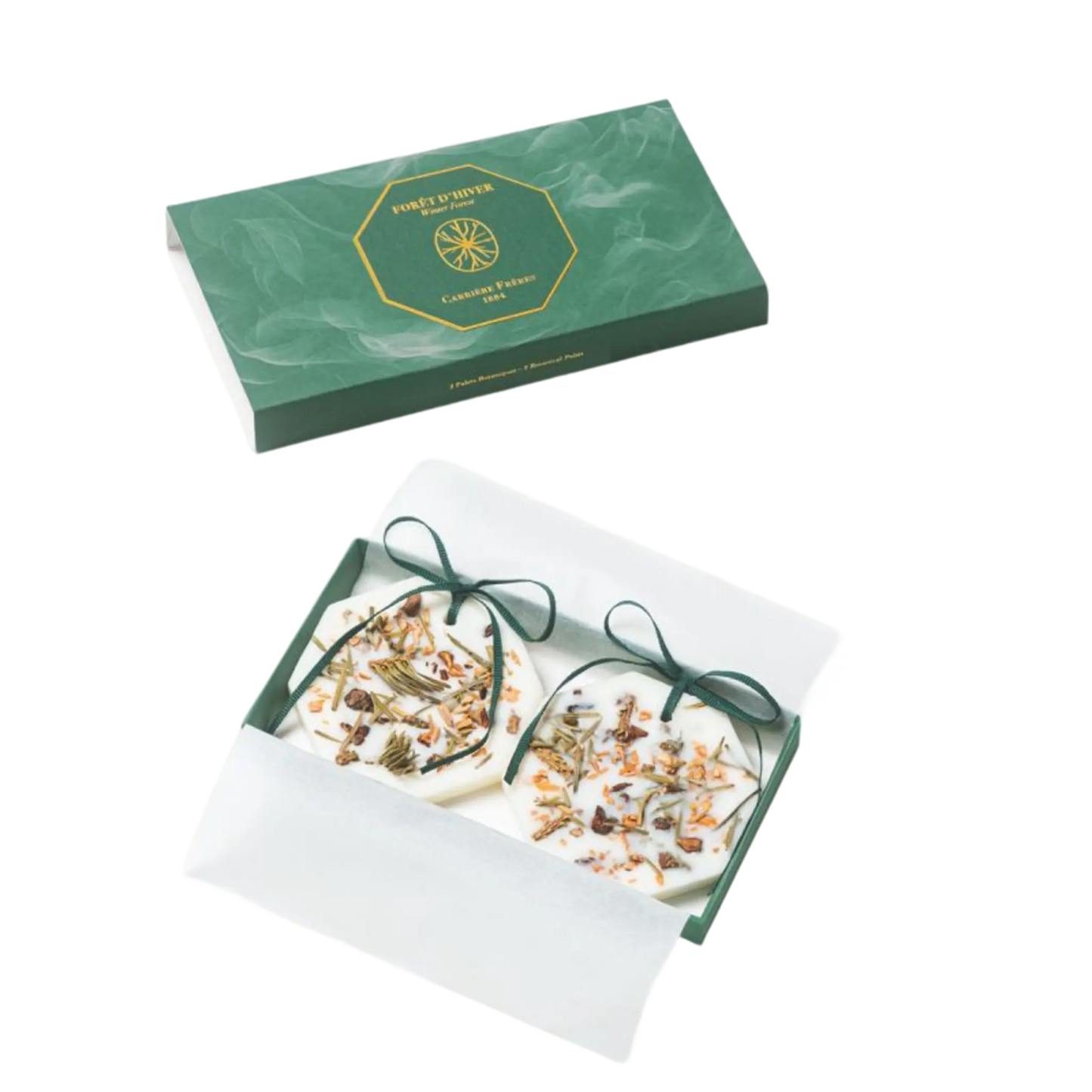 Palet botanique Forêt d'Hiver de Carrière Frères, avec copeaux de cèdre, fruits de cyprès et aiguilles de sapin, notes boisées et ambretmusc