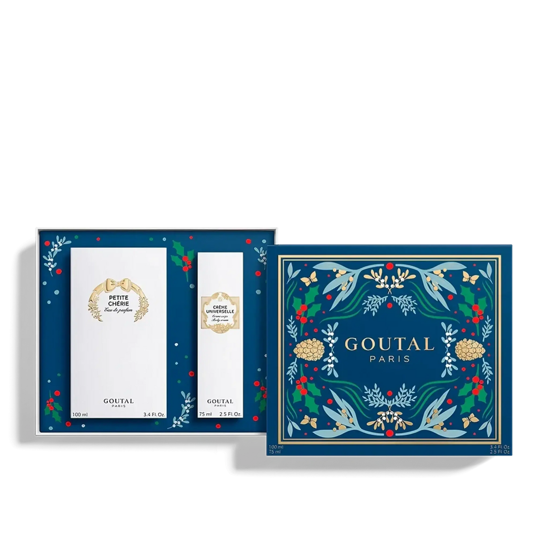 Écrin rituel Petite Chérie d'Annick Goutal dans la collection ambretmusc, avec décor bleu orné de motifs floraux et pommes de pins dorés.