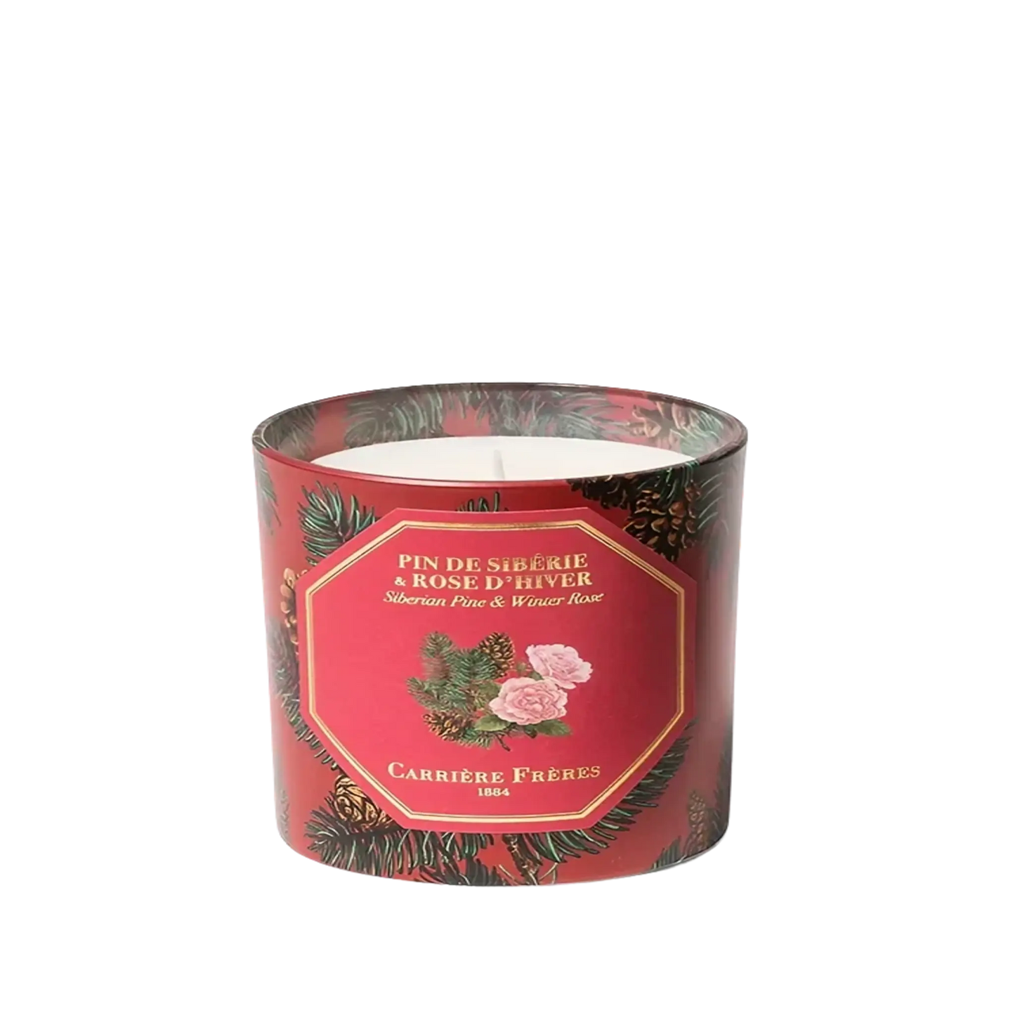 Bougie parfumée Pin de Sibérie et Rose d'Hiver de Carrière Frères, collection ambretmusc, association noble de pin et rose.