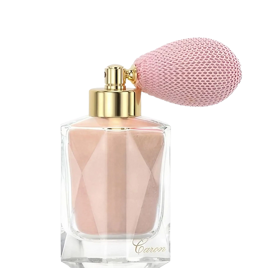 Poudre corps scintillante Caron Ambre & Musc, texture fine avec micro paillettes dorées et mica pour un voile irisé sur le décolleté