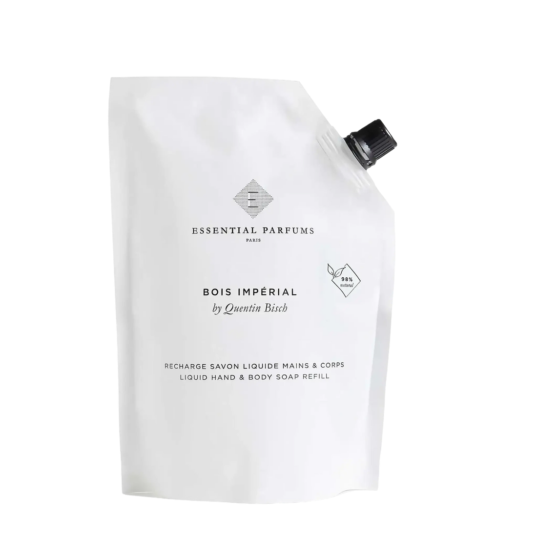 Recharge de savon liquide Bois Impérial d'Essential Parfums avec ambretmusc, fragrance boisée de vétiver et notes épicées de basilic thaï.
