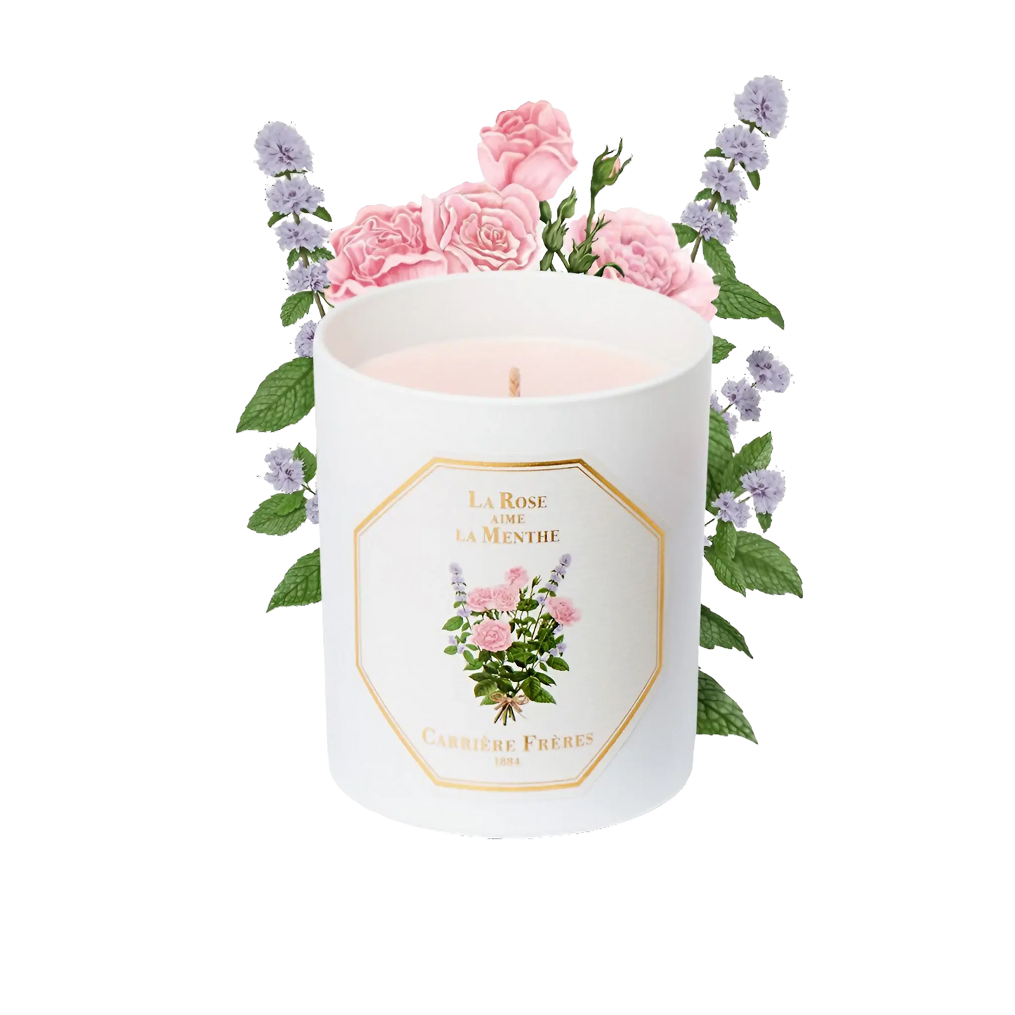 Bougie parfumée La Rose aime la Menthe de Carrière Frères, collection ambretmusc, avec rose turque et menthe rafraîchissante.
